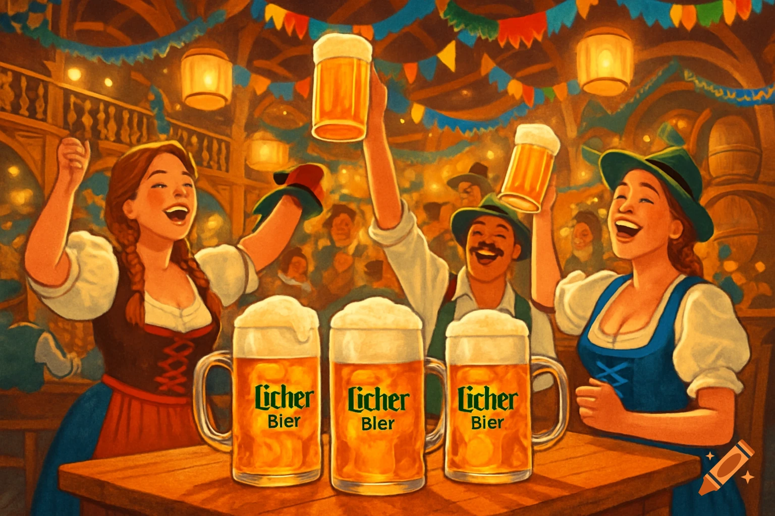 Illustration of joyful people celebrating Oktoberfest, raising Licher Bier mugs in a festive beer hall.