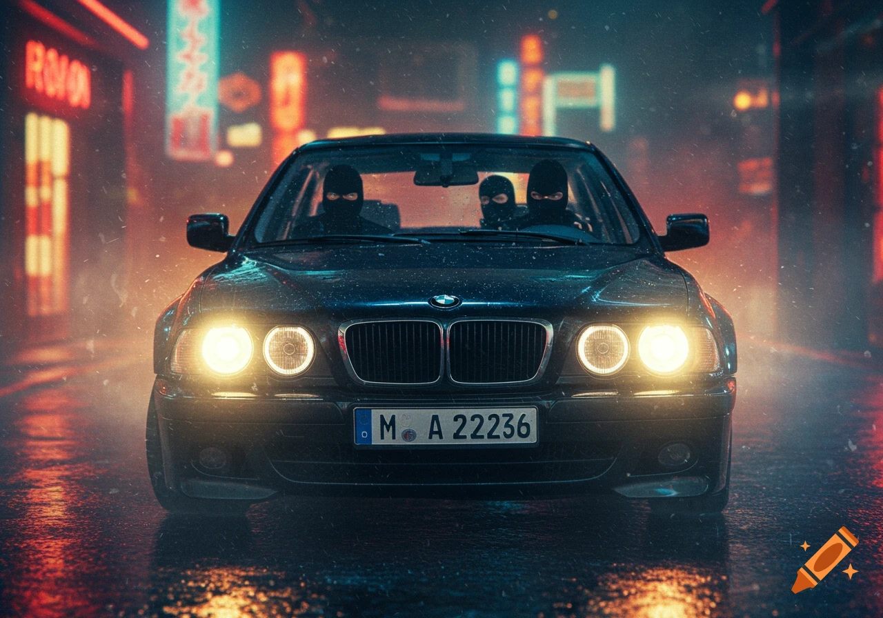 Photorealistic image of a black BMW car with three masked figures inside, driving on a wet city street at night under neon lights, in the rain.
