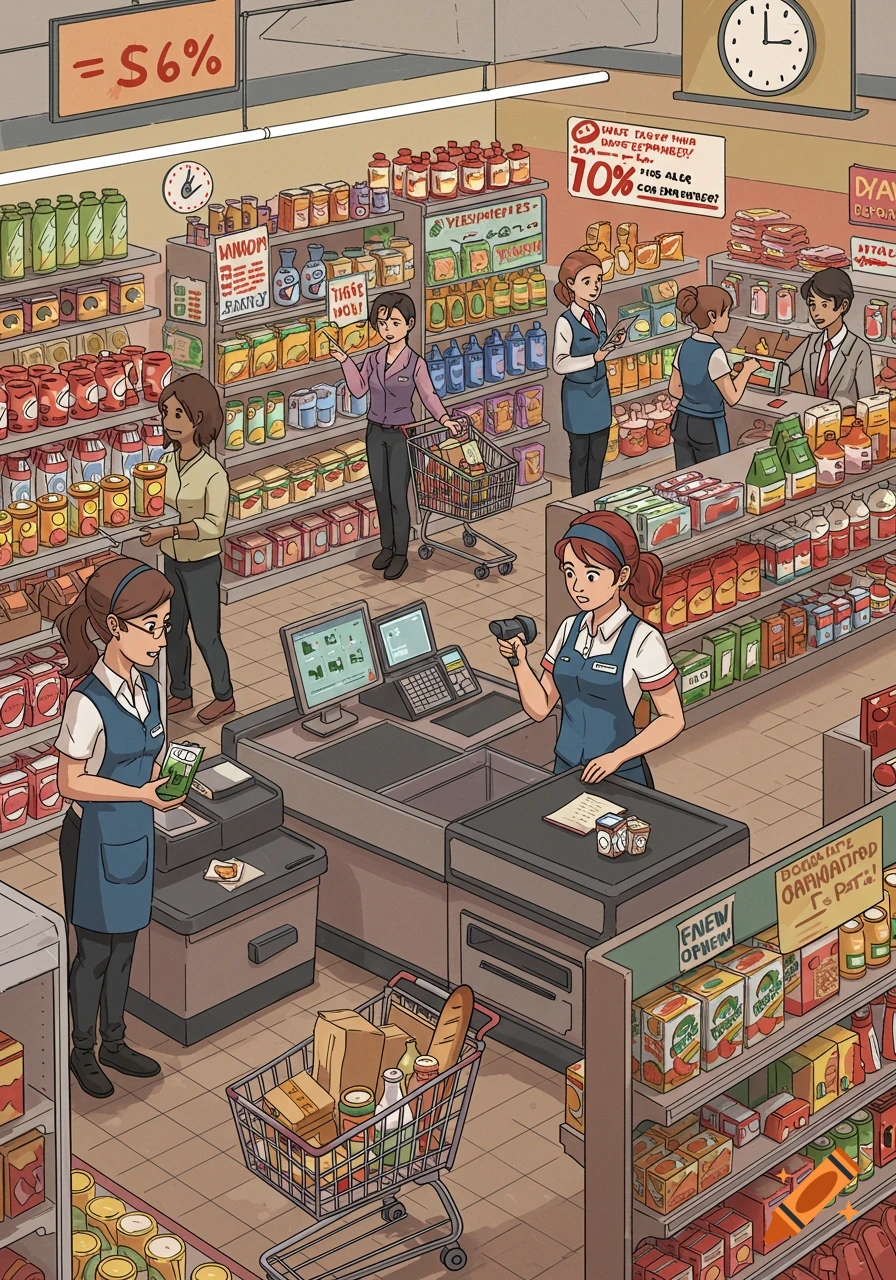 An isometric 2D illustration of a bustling supermarket interior with customers, cashiers, and fully stocked shelves.