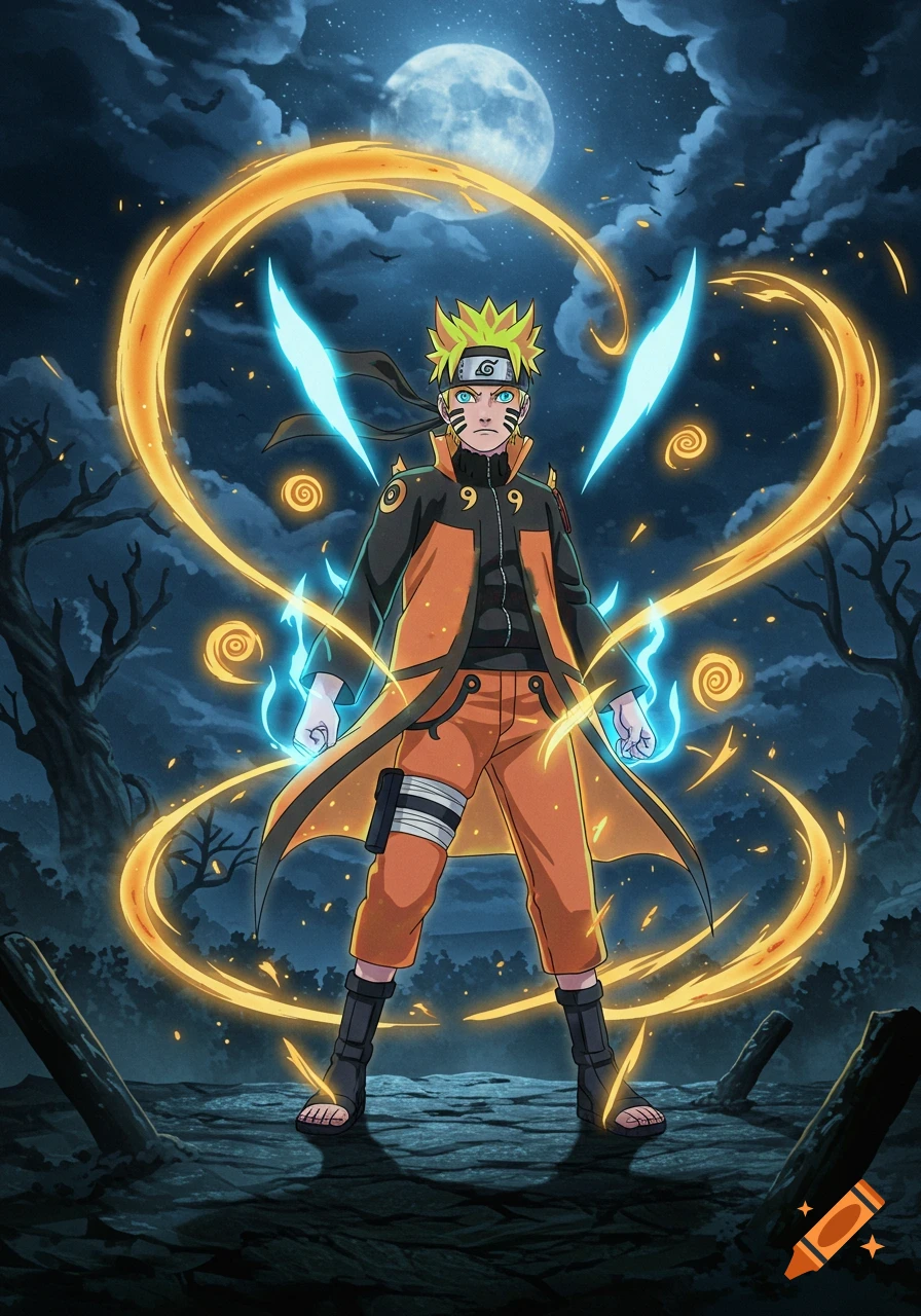 Naruto Uzumaki in sage mode, surrounded by glowing orange chakra, stands in a dark forest under a full moon.