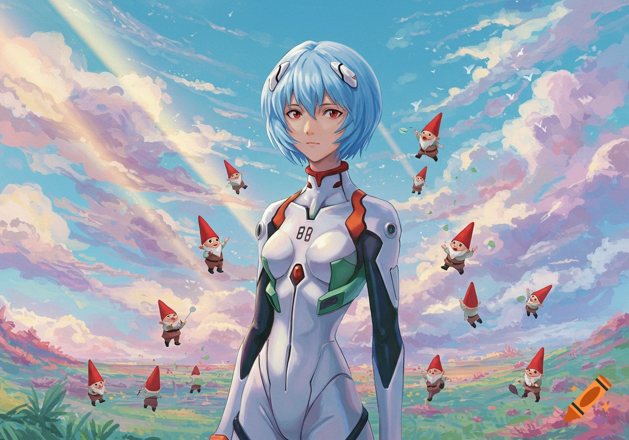 Anime illustration of Rei Ayanami in a white plug suit, surrounded by numerous flying gnomes under a pastel sky.
