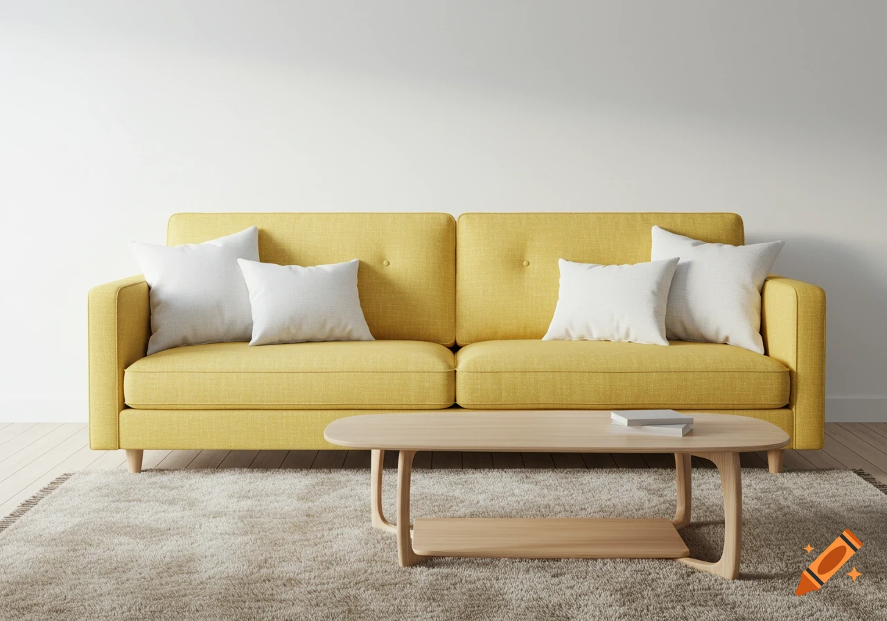 A modern yellow sofa with white cushions, a light wooden coffee table, and a beige rug in a minimalist, Scandinavian-style living room.
