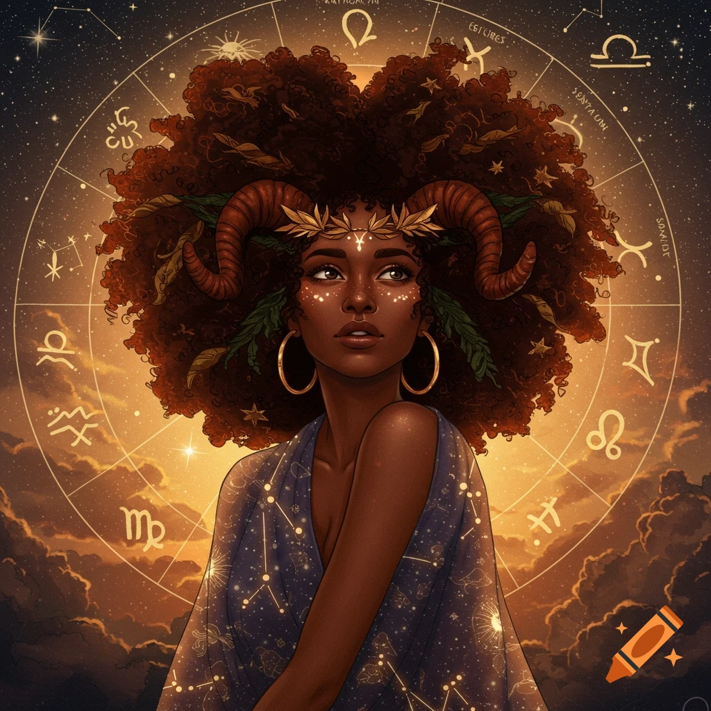 Stylized portrait of a dark-skinned woman with large curly hair, ram horns, and a leafy crown, set against a glowing zodiac wheel and starry sky.