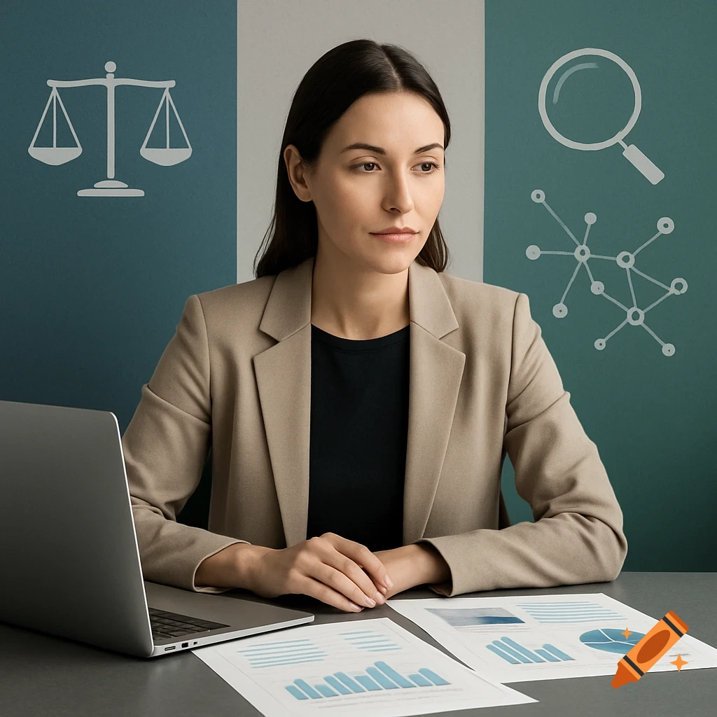 A professional young woman sits at a desk with a laptop and charts, flanked by scales of justice, a magnifying glass, and a network graph.