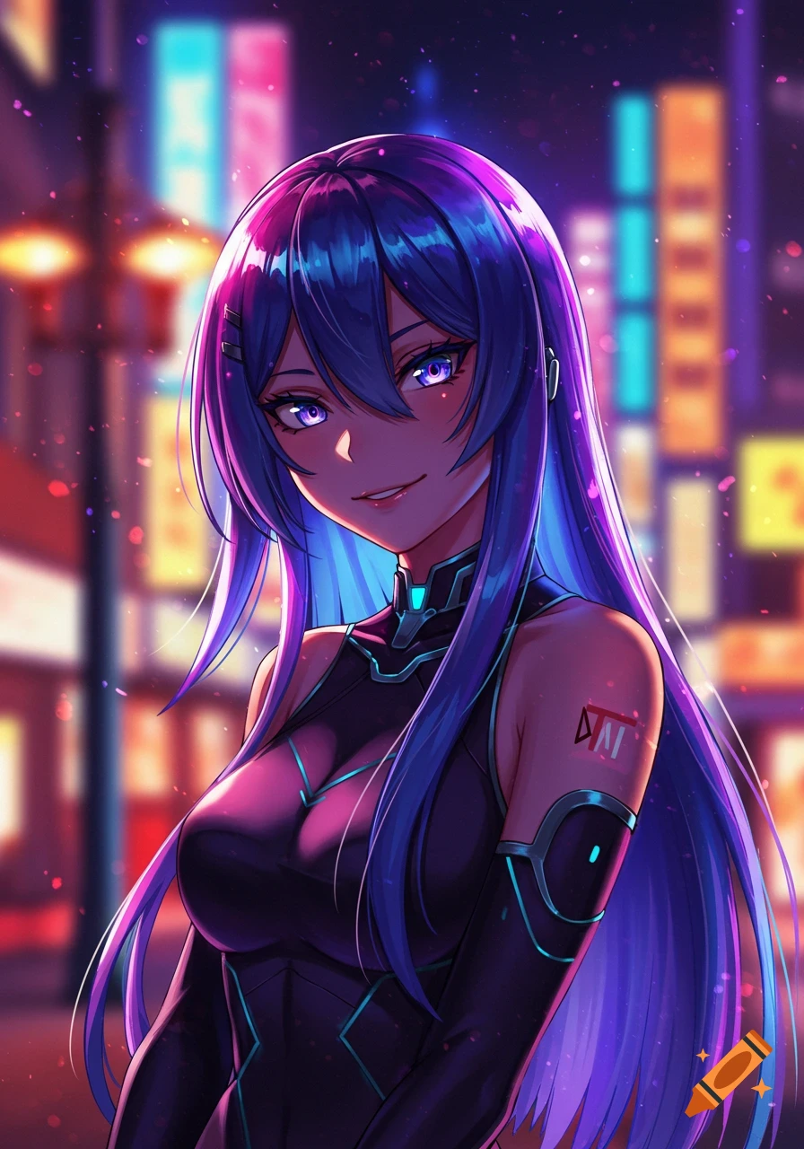 Anime girl with long purple and blue hair smirking, wearing a dark outfit with glowing accents against a neon-lit city background.