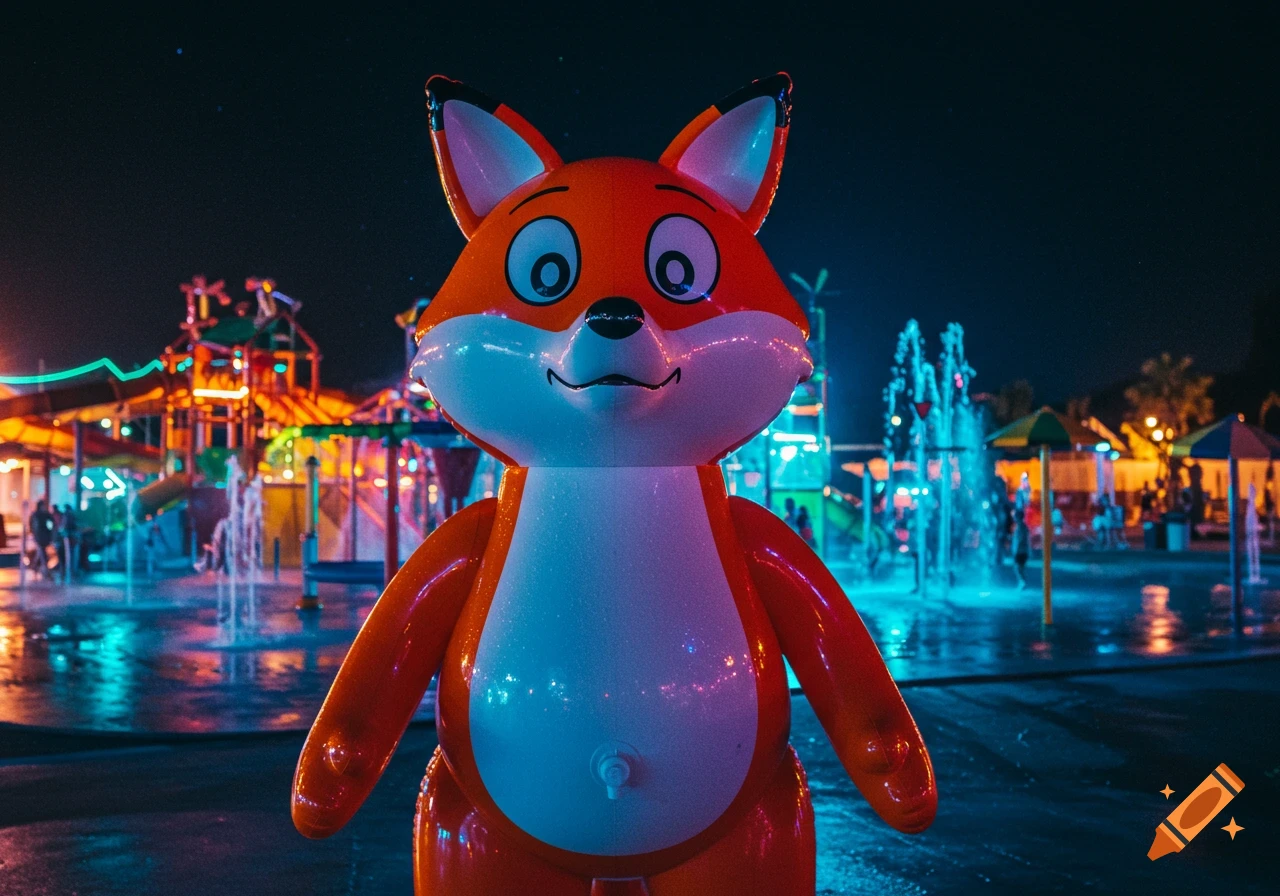 A cartoon-like inflatable orange and white fox with a shocked expression stands at a brightly lit water park at night.