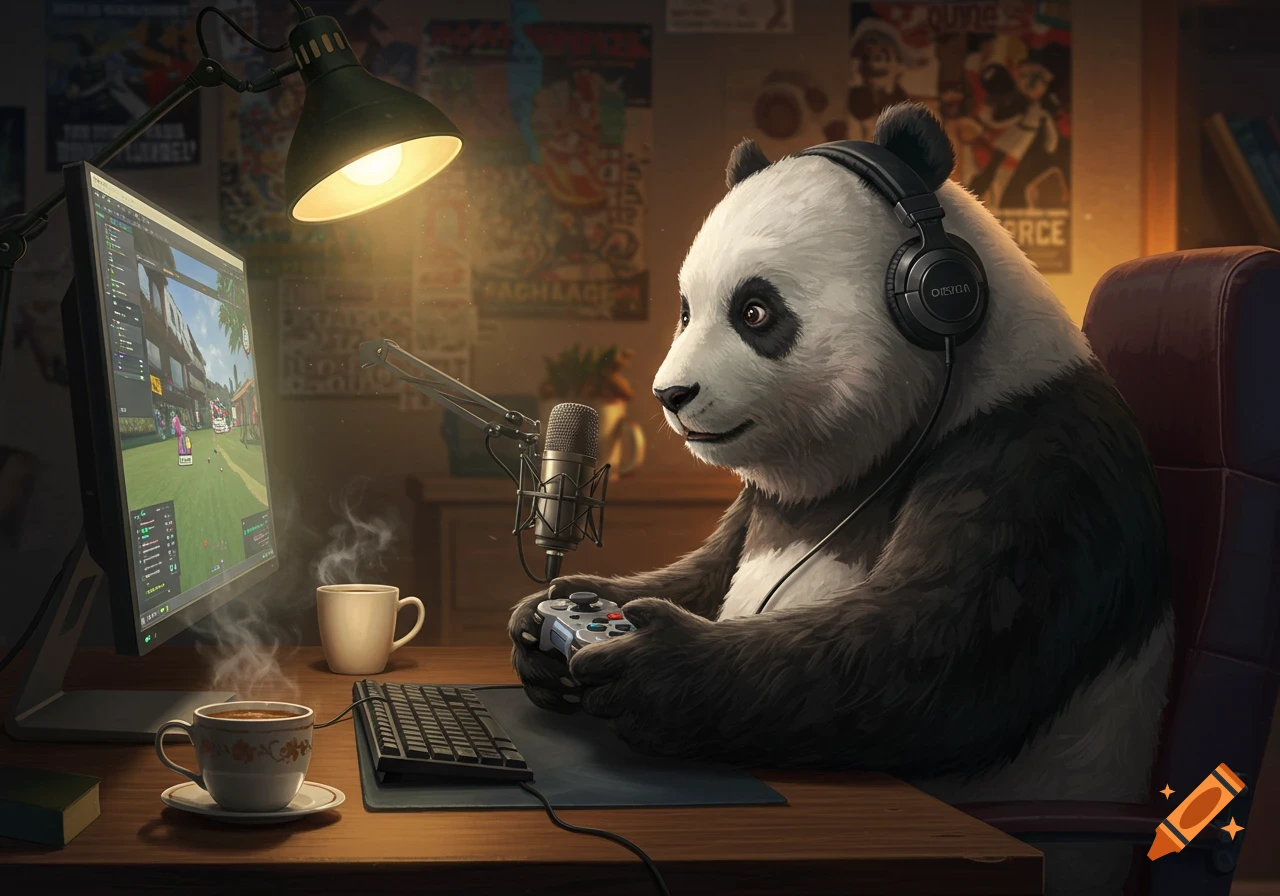 A panda wearing headphones plays a video game on a monitor, holding a controller, with a microphone and steaming coffee cups on a desk, in a dimly lit room.