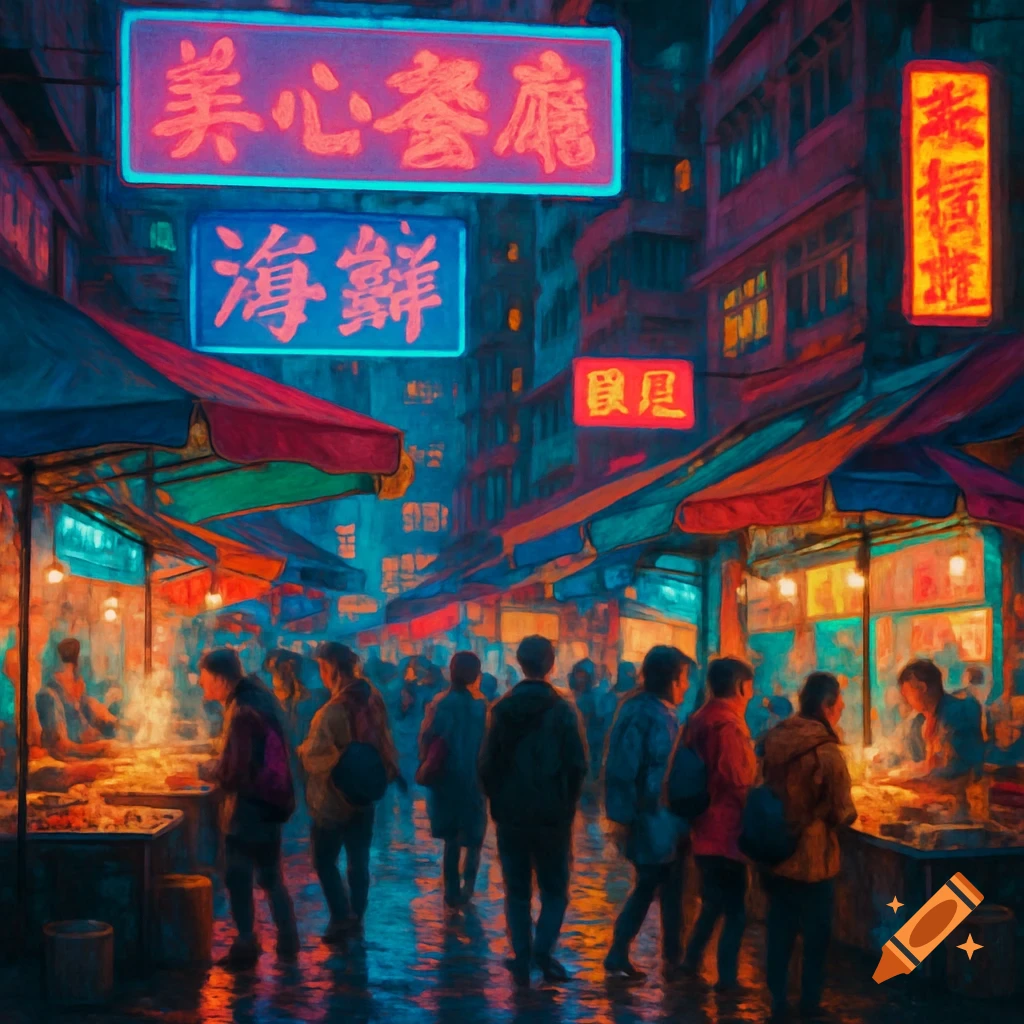 Vibrant, neon-lit night market scene in a city, with stalls under colorful awnings and people browsing, reflecting on a wet street.