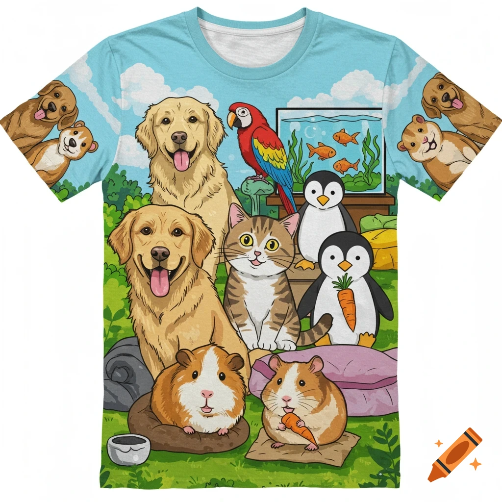 A cartoon T-shirt design featuring happy pets: dogs, a cat, guinea pigs, hamsters, a parrot, and penguins in a grassy scene.