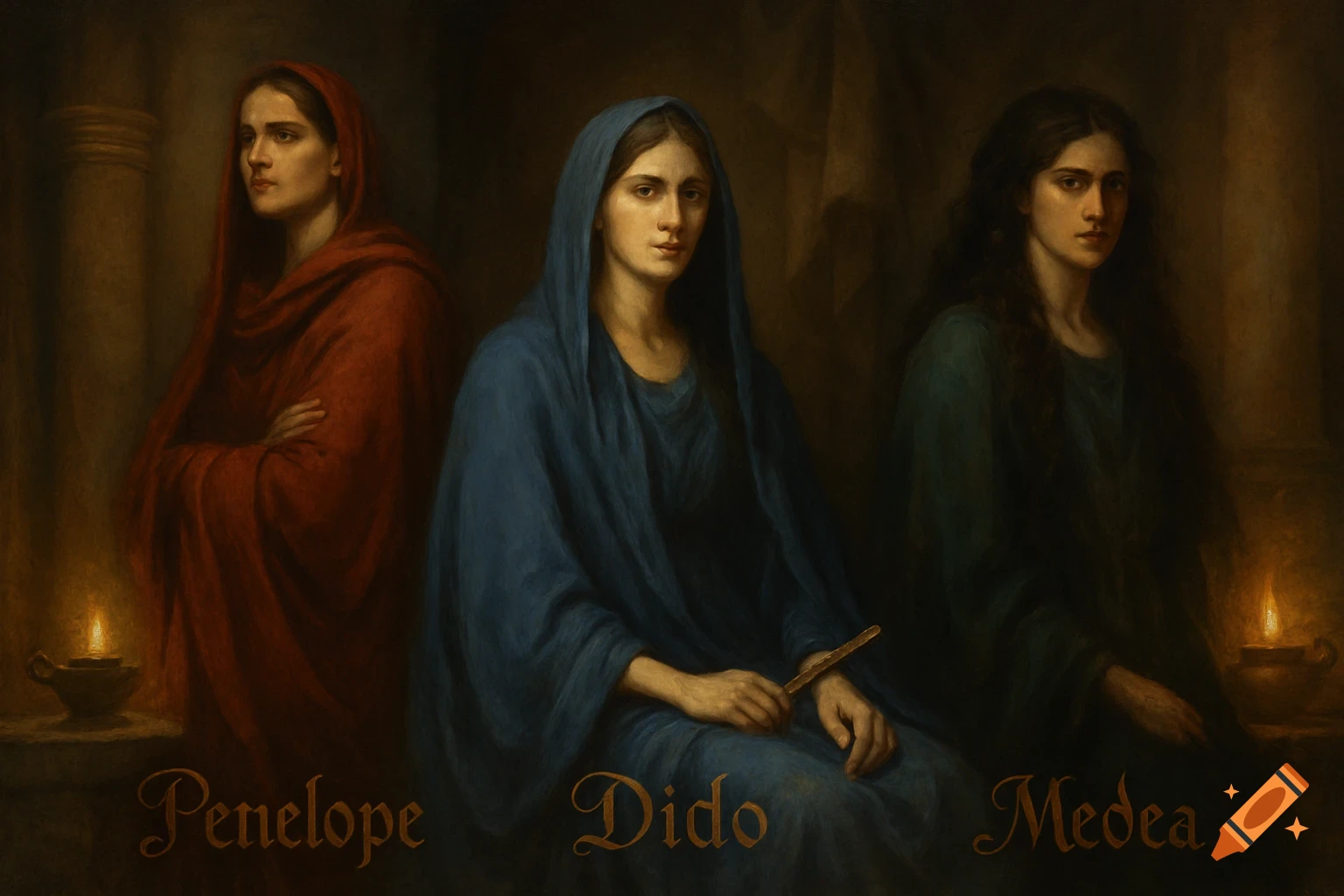 Three women in classical attire, Penelope, Dido, and Medea, depicted in a dark, classical oil painting style, with their names below them.