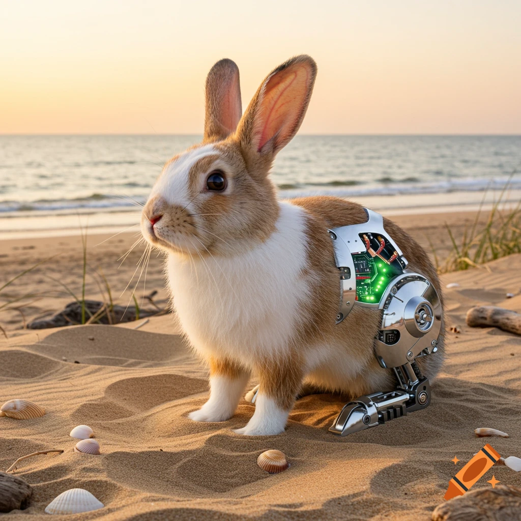 Photorealistic image of a rabbit with a robotic side and leg, standing on a sandy beach at sunset.