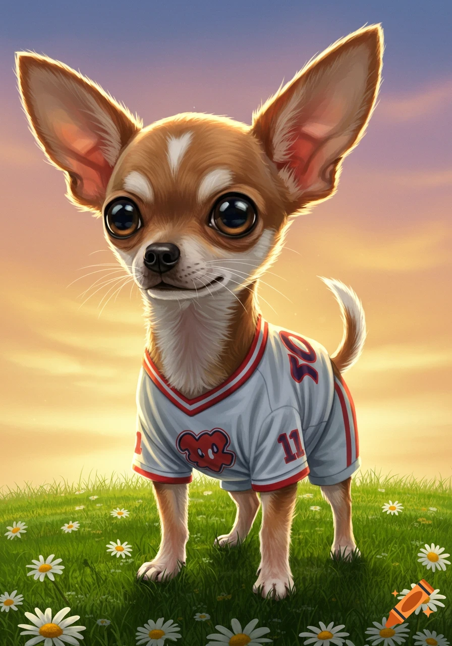A cute cartoon chihuahua wearing a white and red sports jersey with numbers, standing in a field of green grass and white daisies under a sunset sky.