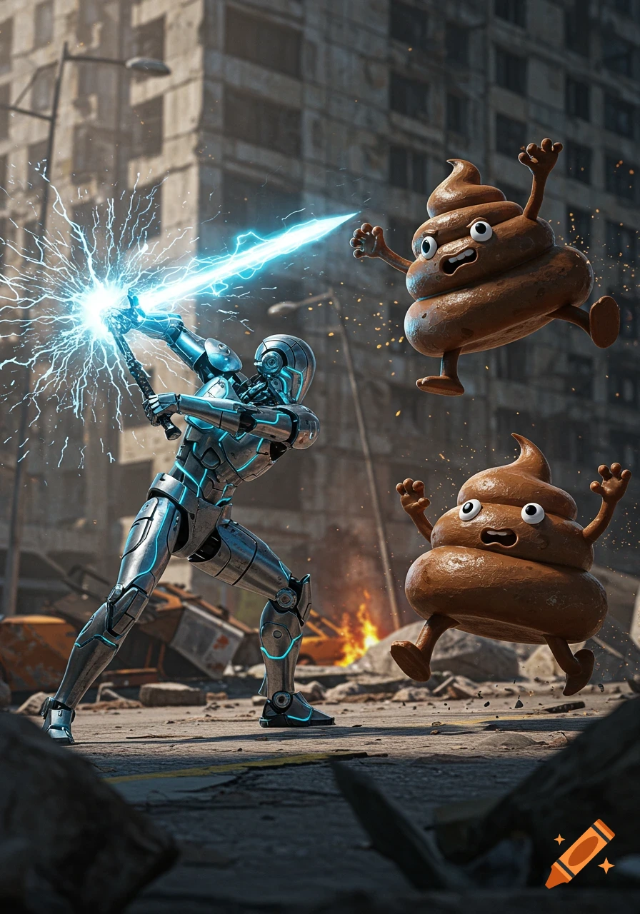 A futuristic robot with a glowing blue sword battles two anthropomorphic poop emojis in a ruined city.