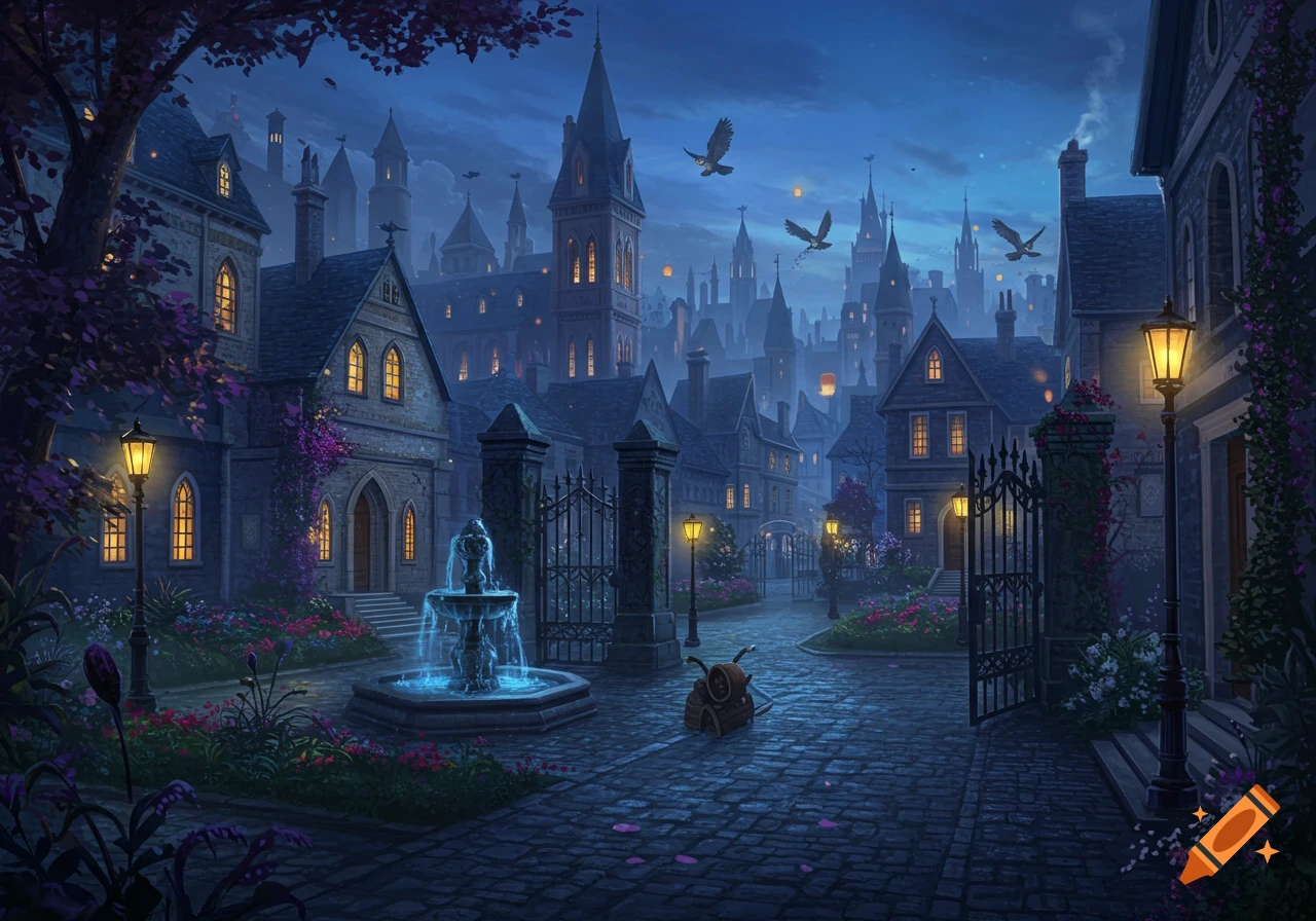 A beautifully detailed fantasy cityscape at night, with glowing windows, a fountain, cobblestone streets, and birds flying overhead.