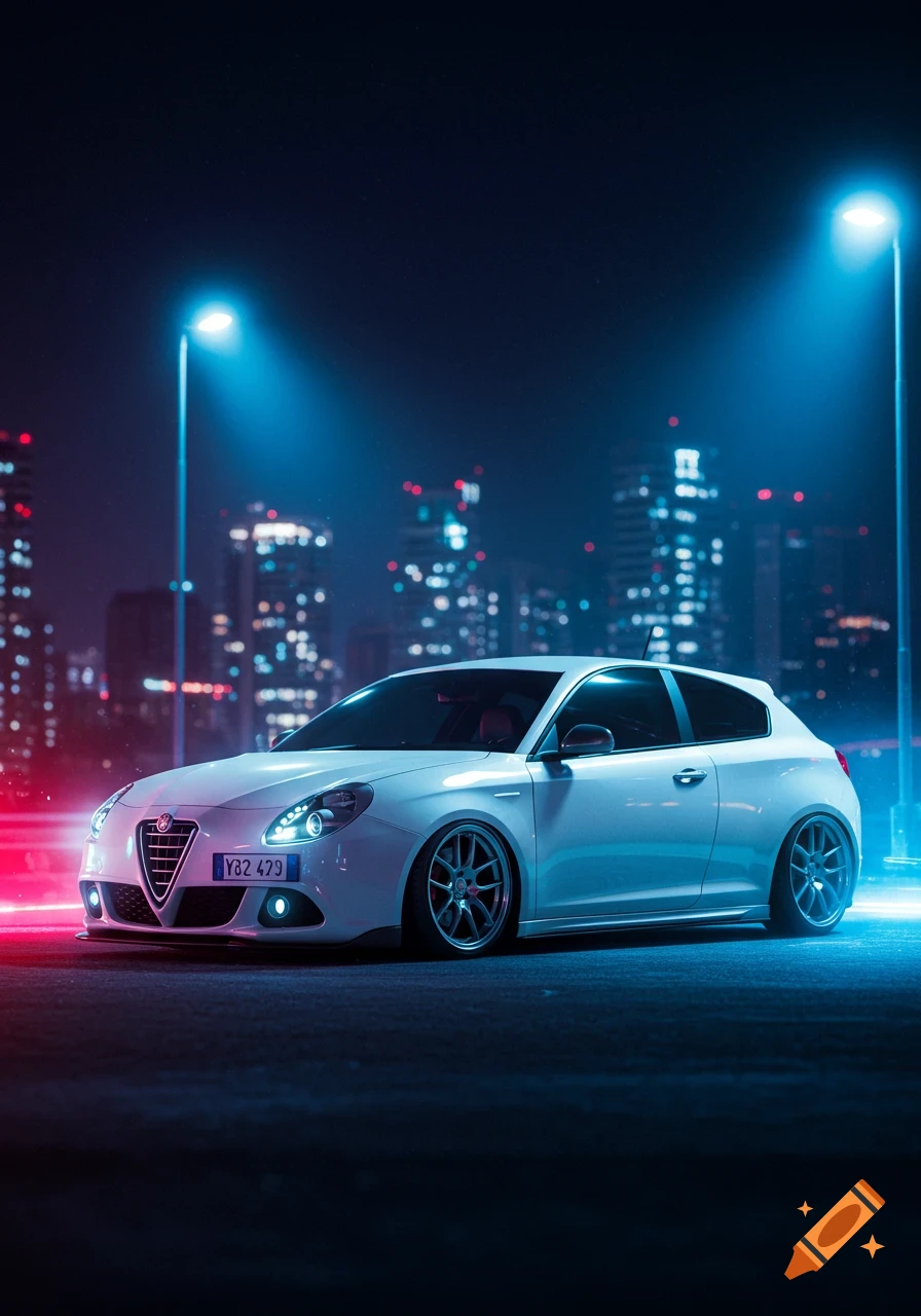 A white Alfa Romeo Giulietta parked on a city street at night, lit by neon blue and red lights with a blurred urban skyline.