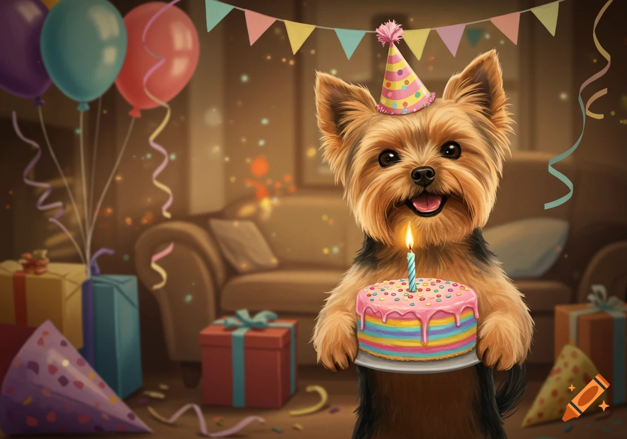 A smiling Yorkshire Terrier dog wears a party hat, holding a rainbow birthday cake with a lit candle amidst balloons and gifts.