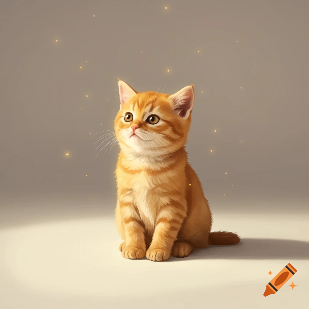 A cute, stylized orange tabby kitten sits upright on a light surface, looking up with honey-orange eyes, against a soft gray background with subtle golden specks.
