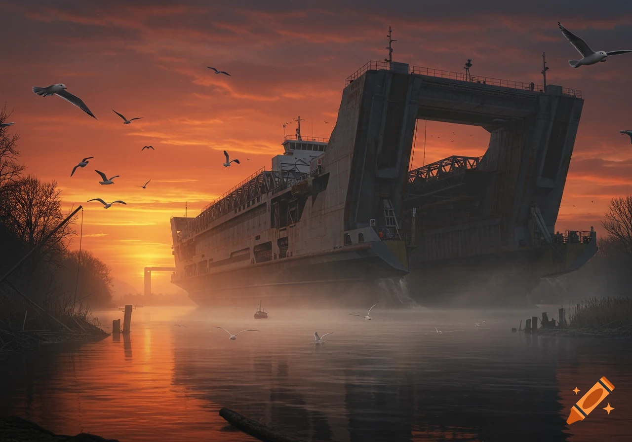 A large, dark industrial ship sits in a misty river at sunset, with numerous birds flying in the orange-red sky.