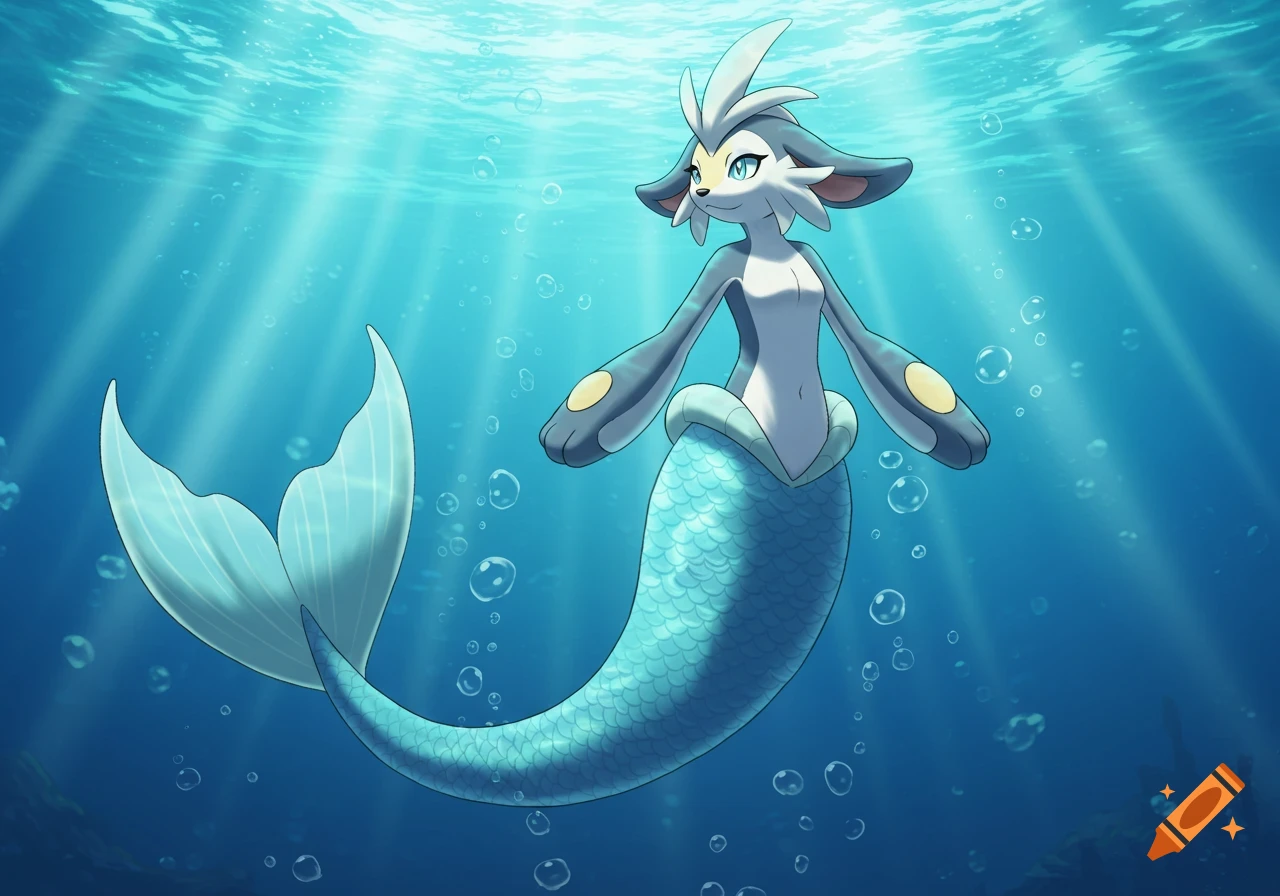 An anime-style Mienshao Pokemon mermaid with a blue-green tail swims gracefully underwater with sunbeams.