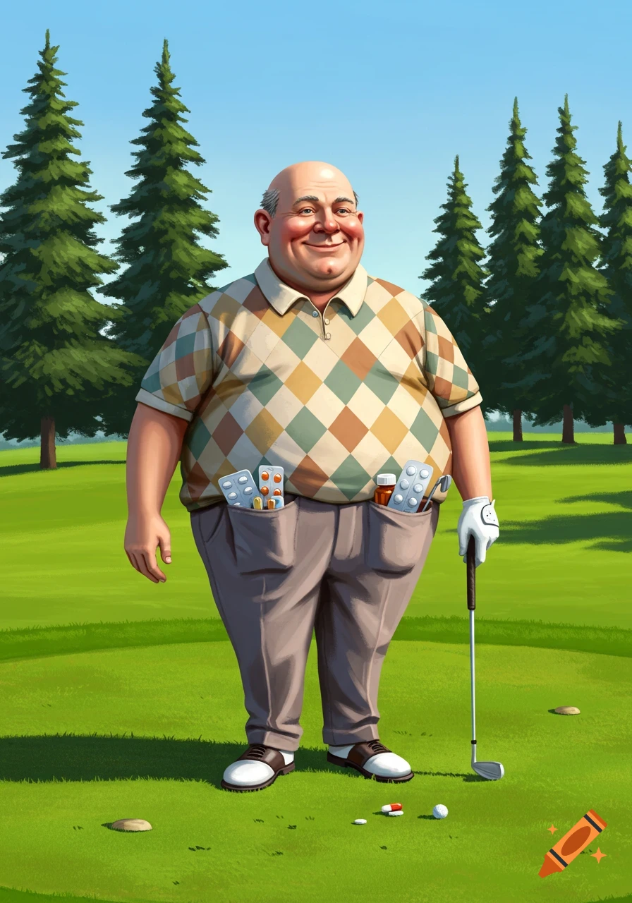 A smiling, bald, overweight male golfer in an argyle shirt and gray pants, with pockets full of medicine, stands on a golf course with a club. Cartoon style.