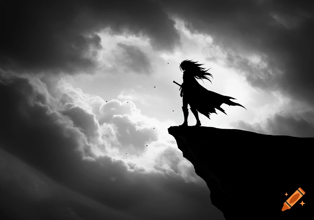 Black and white anime silhouette of a warrior on a cliff against a dramatic cloudy sky.