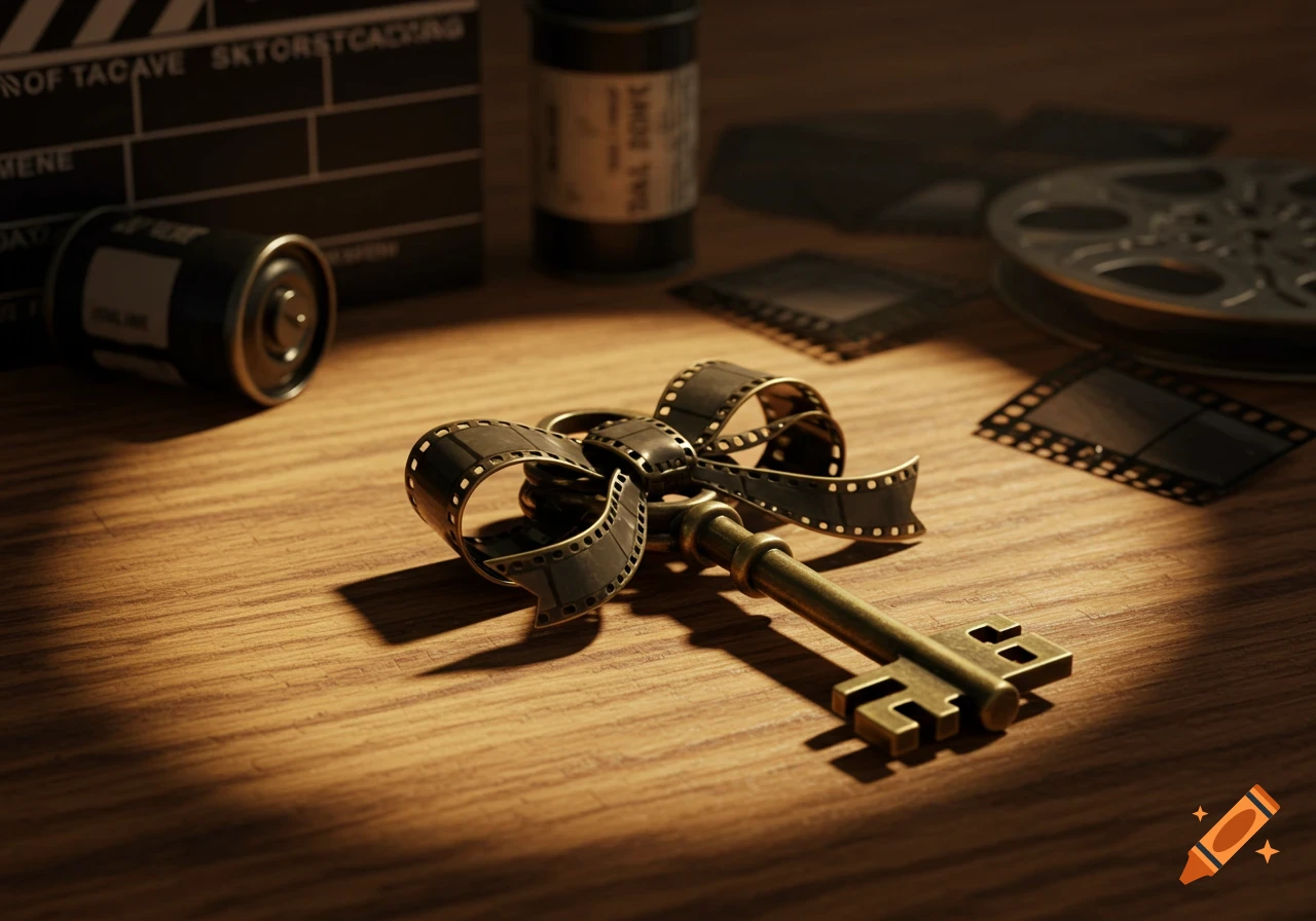 A vintage bronze key with a film reel bow lies on a wooden table, surrounded by film equipment like a clapboard and film rolls, lit by a spotlight.