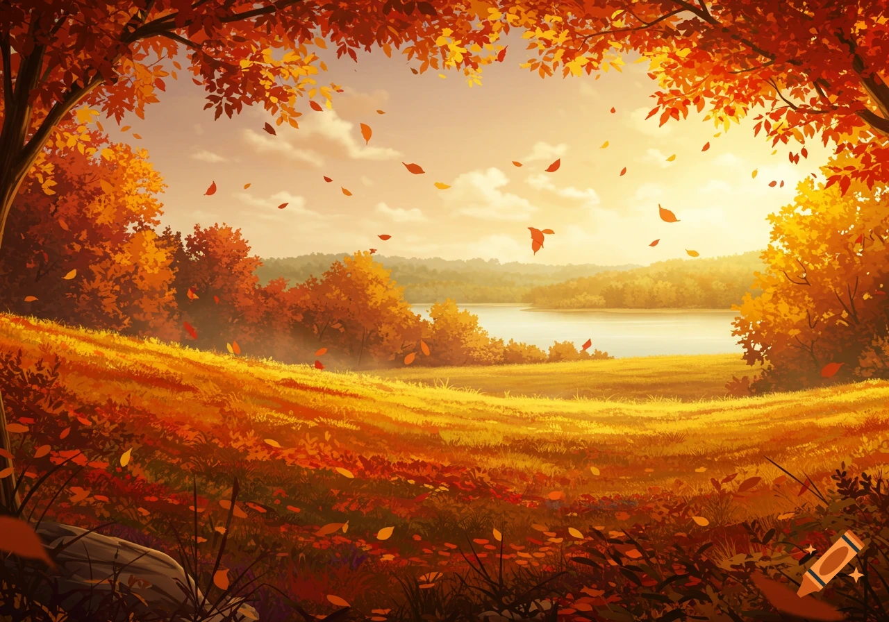 Vibrant animated autumn landscape with golden fields, colorful trees, a lake, and falling leaves under a bright sky.