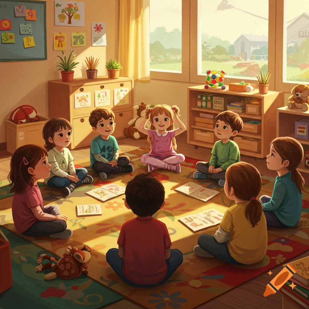 An illustration shows seven diverse children sitting in a circle on a colorful rug in a bright classroom, engaged in an activity.