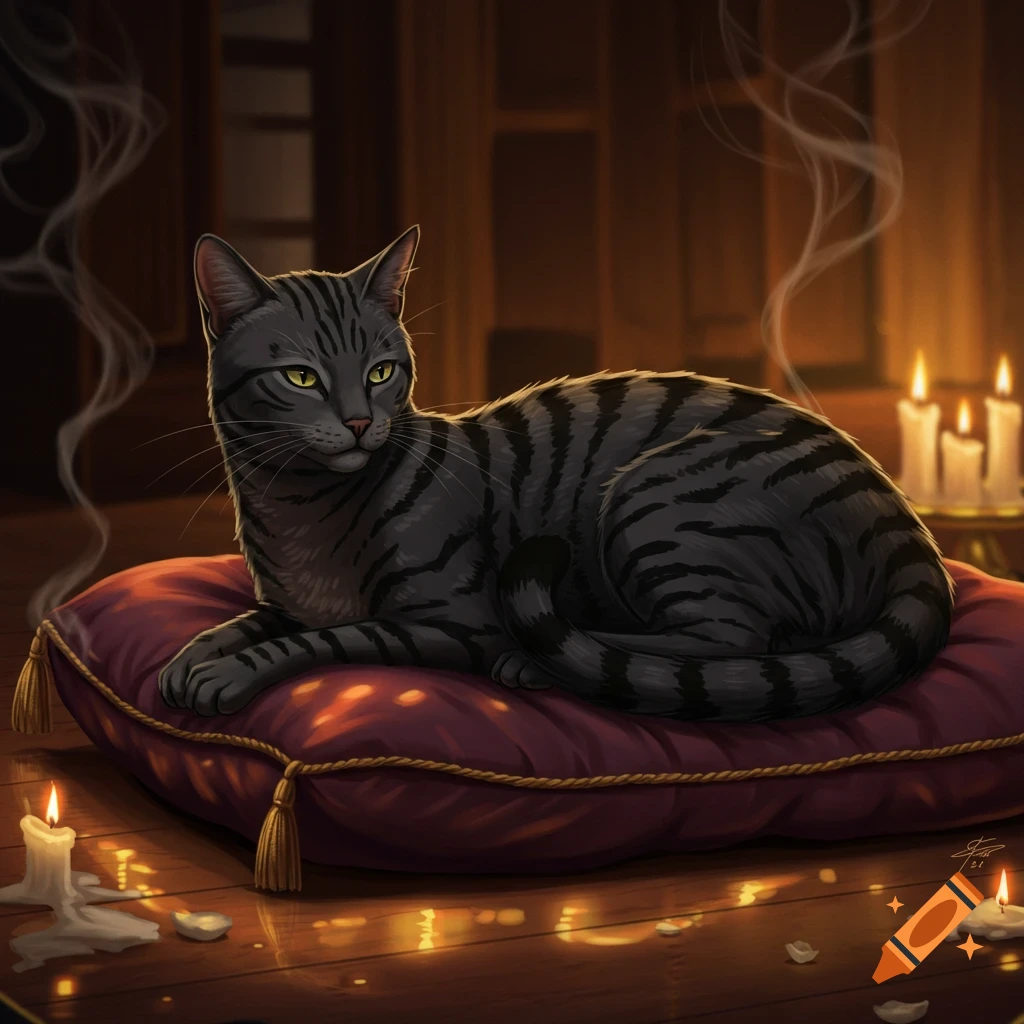 A dark grey tabby cat with black stripes lies on a red cushion, surrounded by lit candles and smoke in a dimly lit room.