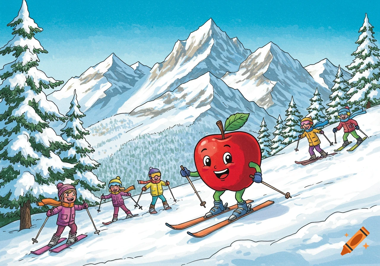 A cute red apple mascot skis down a snowy mountain with several smiling children in a cartoon illustration.