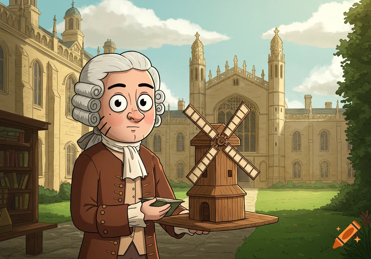 Cartoon Isaac Newton in a wig holding a windmill model in front of Cambridge University.