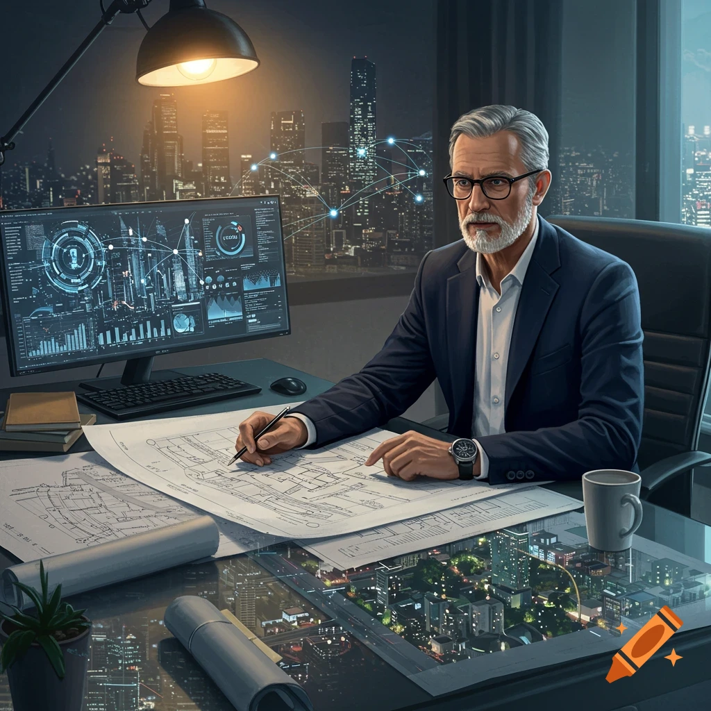 A professional man with grey hair and a beard, wearing glasses and a suit, works at a desk with blueprints and a computer monitor showing data, overlooking a city skyline at night.