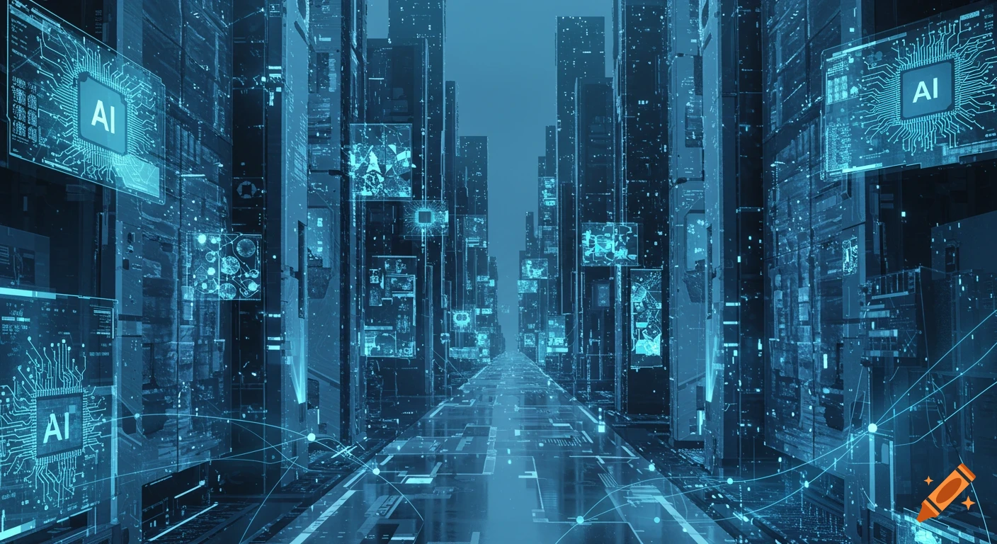 A futuristic digital cityscape with glowing blue circuits, data streams, and holographic AI chips floating amidst towering buildings.