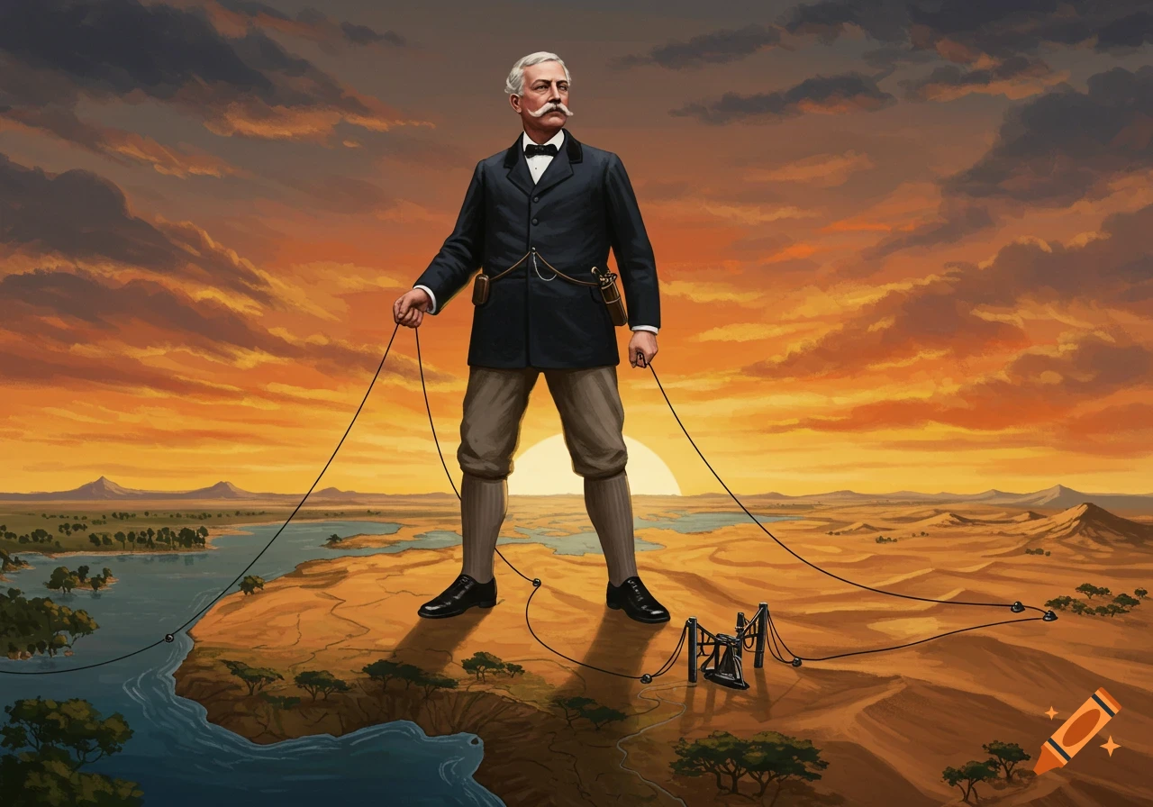 Illustration of Cecil Rhodes standing over Africa at sunset, holding a telegraph line to connect the continent.