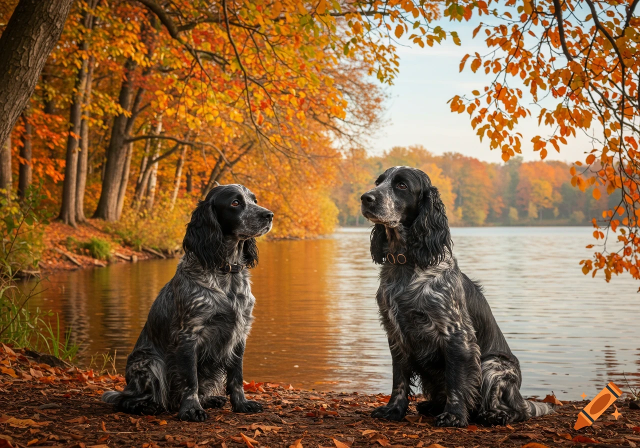 Two blue roan cocker spaniels sitting by a lake surrounded by vibrant autumn trees.