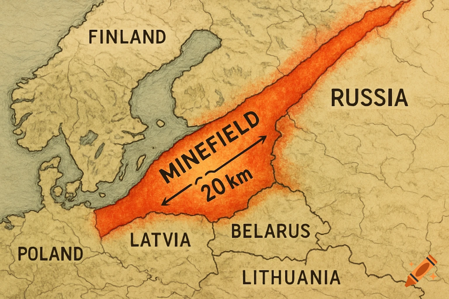 A stylized map showing a red-highlighted 'MINEFIELD' 20 km wide stretching across Eastern Europe, bordering Finland, Russia, Latvia, Belarus, Lithuania, and Poland.