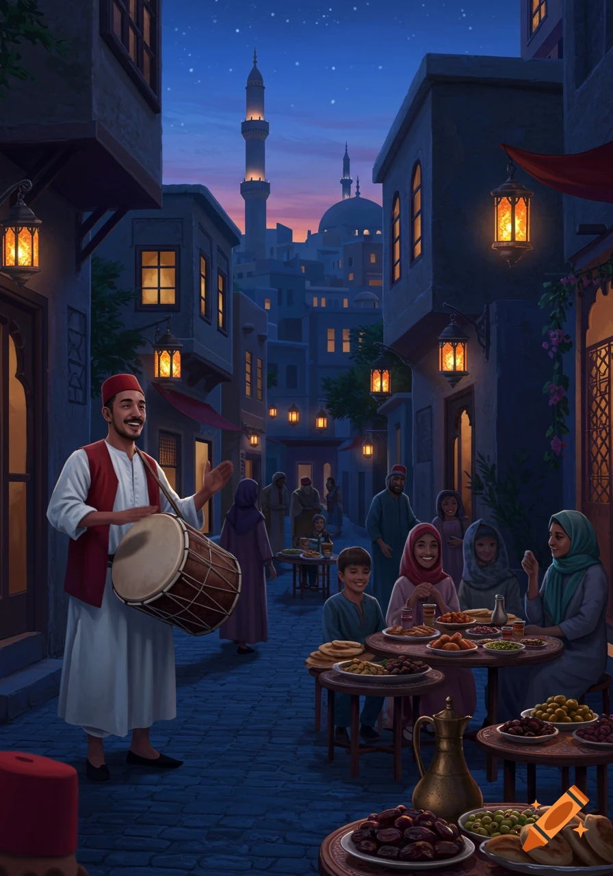 Digital illustration of a man drumming in a bustling street at dusk, families share a meal with a mosque in the background.