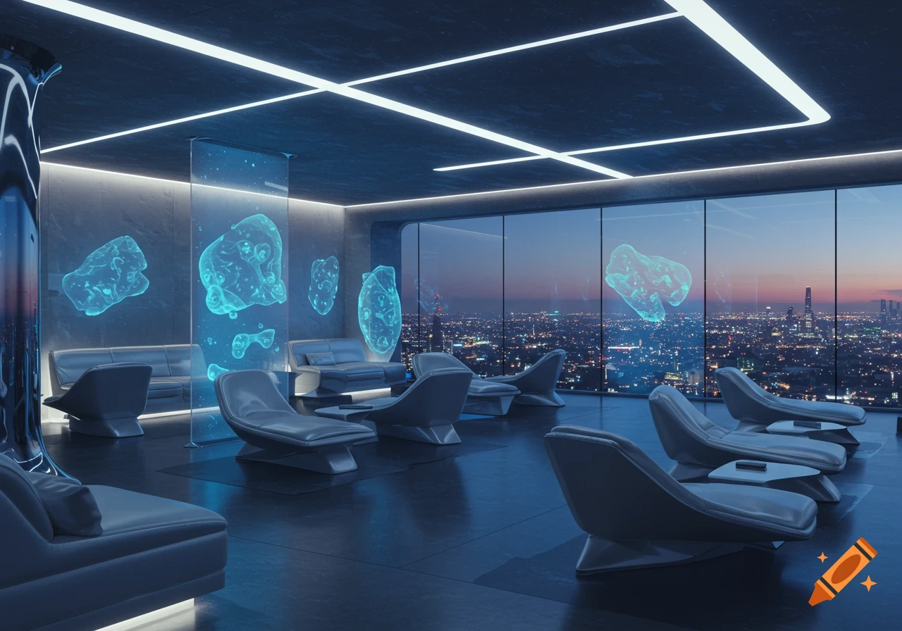 A sleek, futuristic lounge with blue neon lights, overlooking a glowing cityscape at dusk, featuring abstract blue bioluminescent forms.