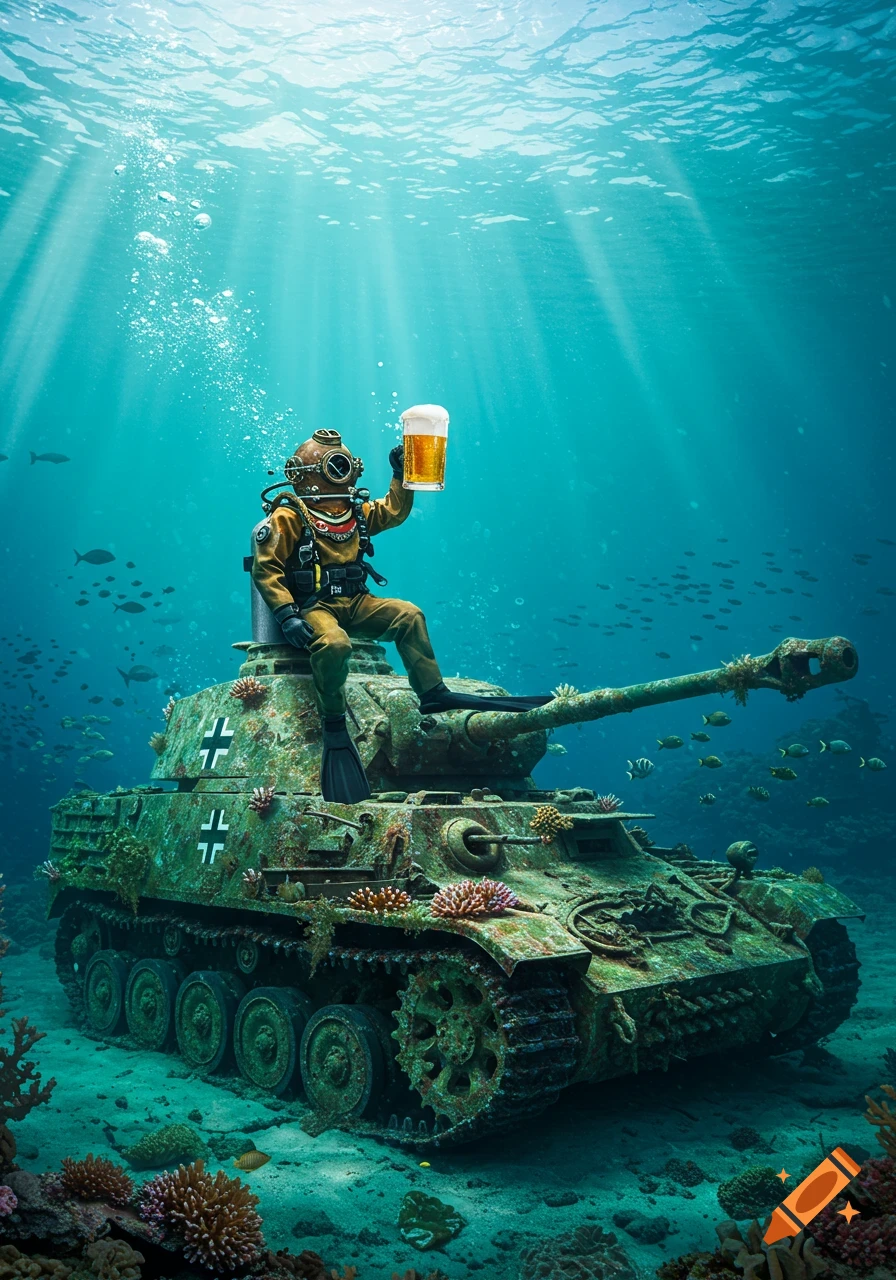 A photorealistic image of a scuba diver sitting on a mossy, sunken German tank, holding up a glass of beer underwater amidst fish and coral.