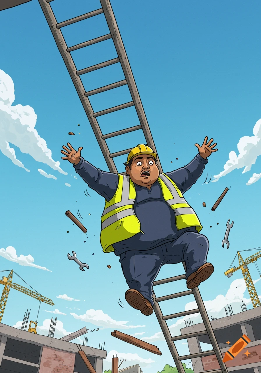 Cartoon overweight construction worker in a hard hat and safety vest falling from a ladder at a construction site.
