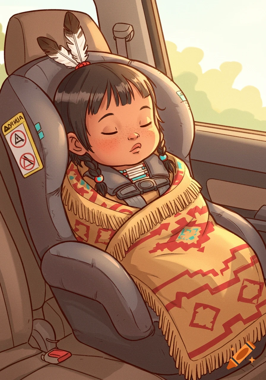 Clip art illustration of a sleeping Native American toddler in a car seat, wrapped in a patterned blanket, with feathers in their hair.