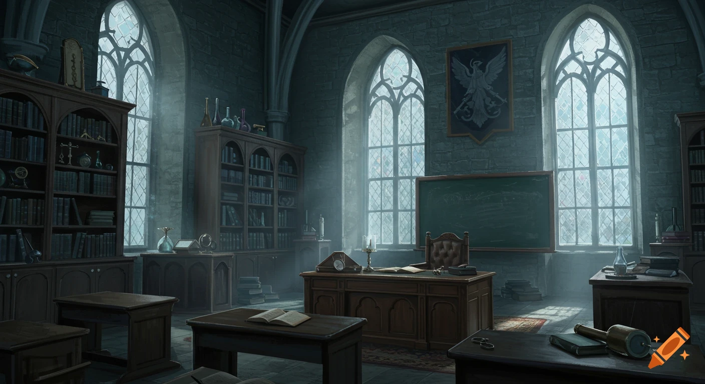 A mystical castle study with arched windows, bookshelves, a large wooden desk, and a chalkboard, bathed in light.