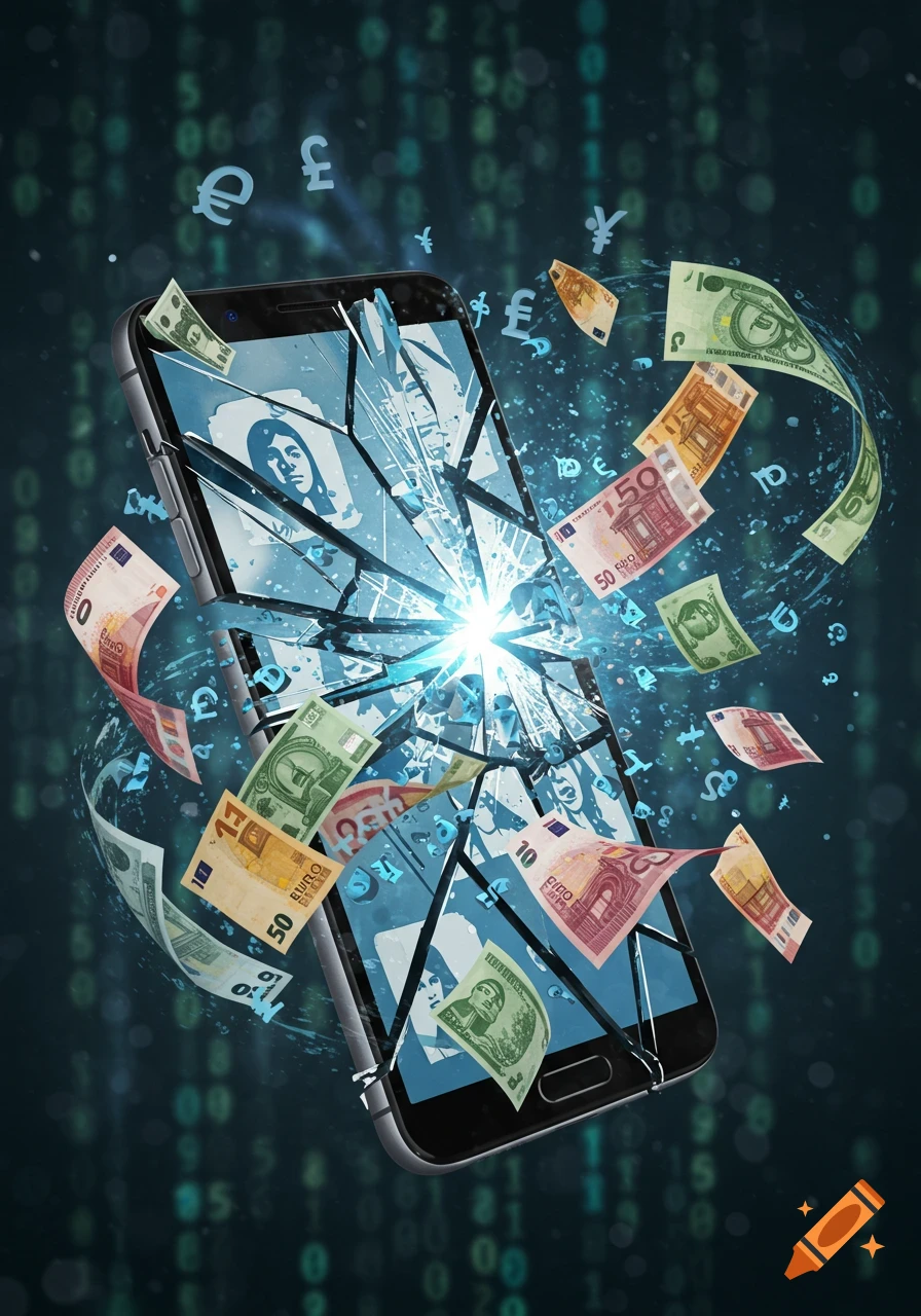 A broken smartphone with money and currency symbols erupting from its shattered screen against a digital binary background.