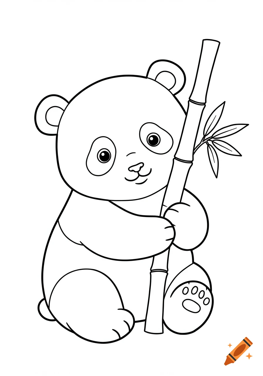 Cute cartoon baby panda hugging a bamboo stalk, black and white line art, coloring book style.