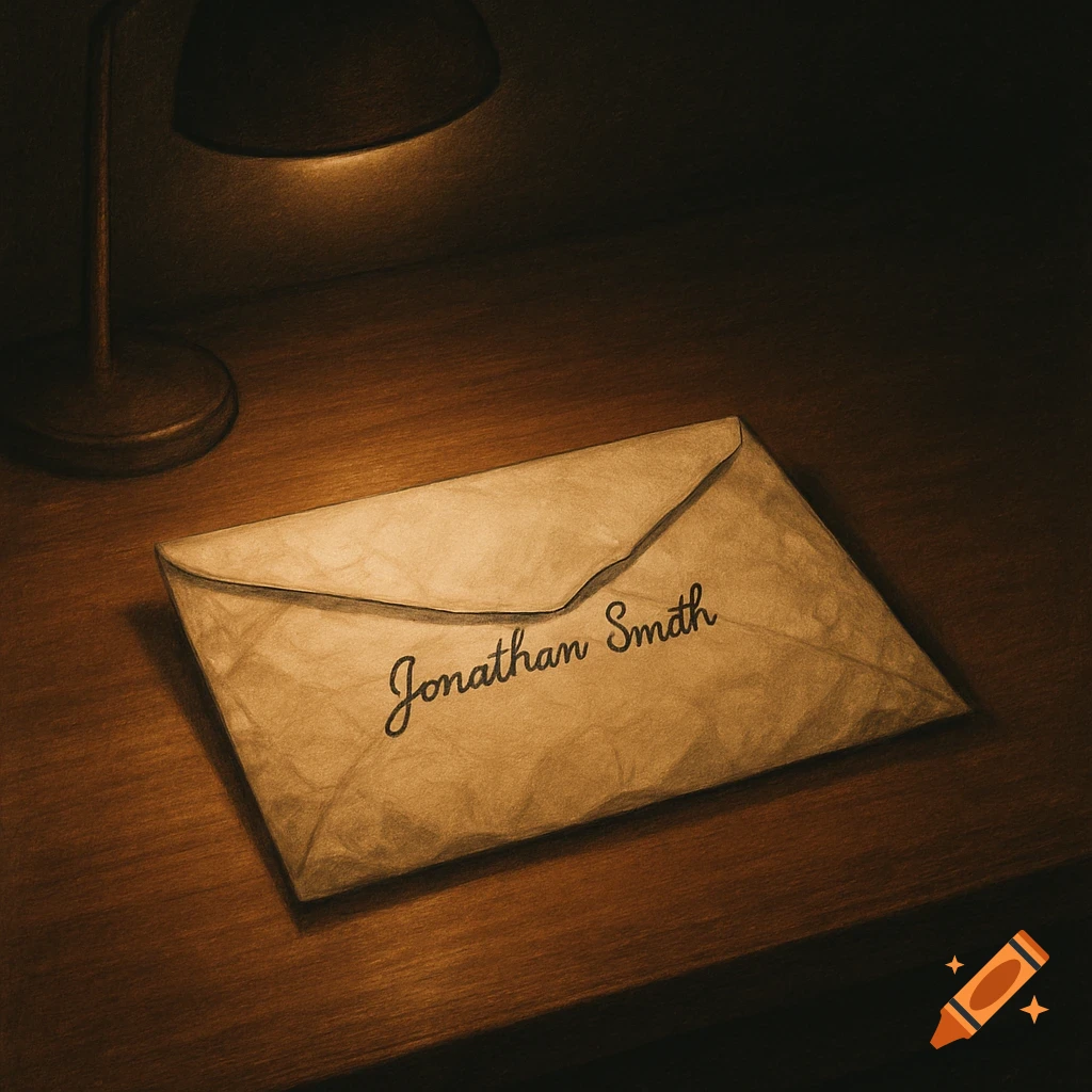 A vintage-style illustration of a crinkled envelope addressed to "Jonathan Smth" on a dark wooden desk under a warm desk lamp.