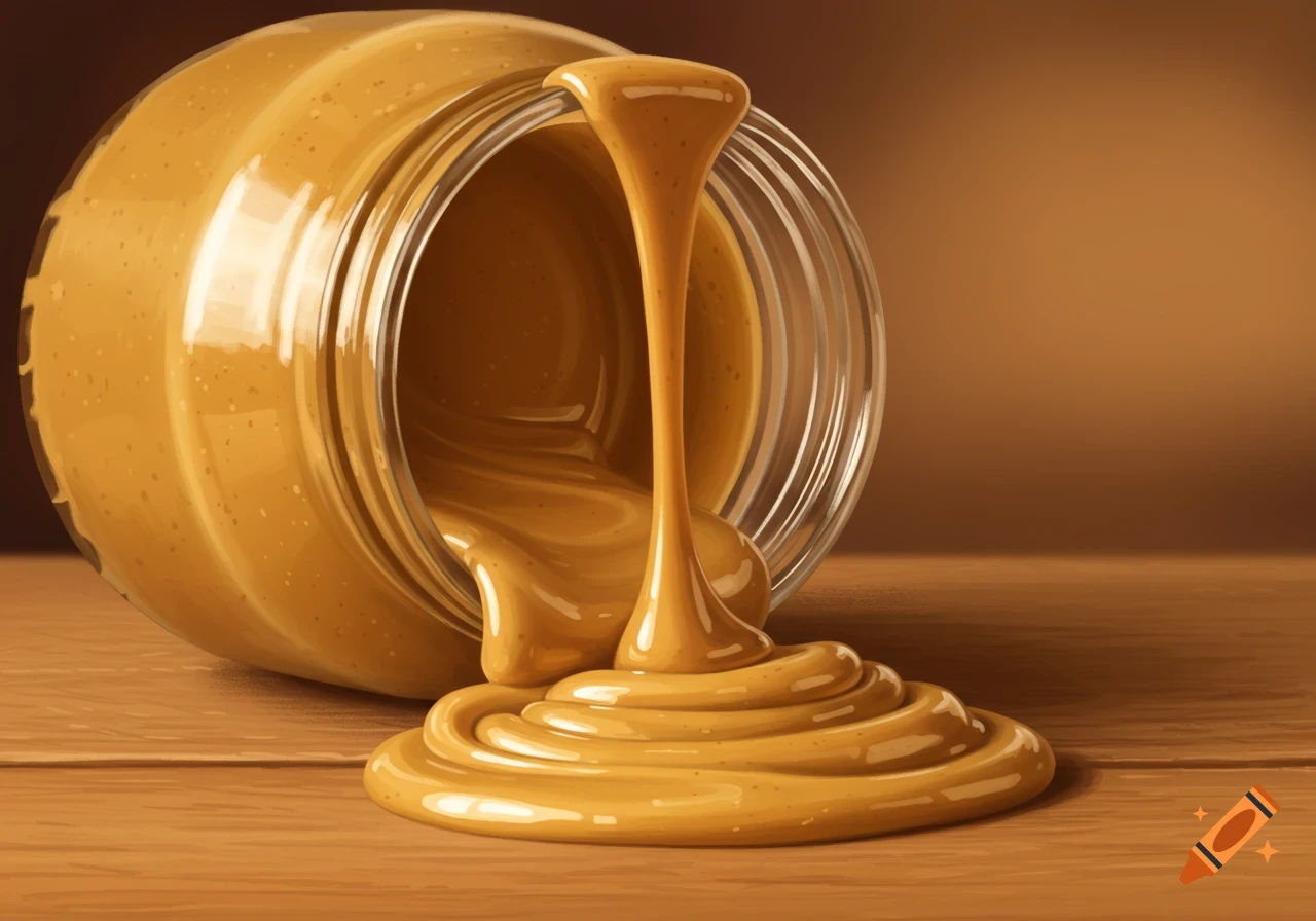 A realistic image of an open jar of peanut butter spilling onto a wooden surface.