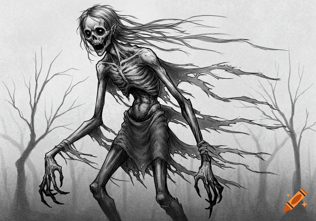 Black and white sketch of an emaciated, skeletal creature with long hair and tattered clothes, walking through a foggy, barren forest.