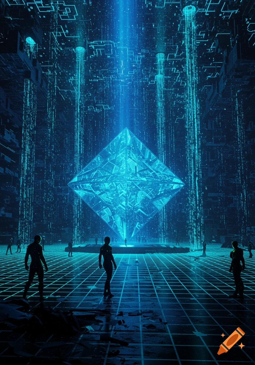 Silhouetted figures stand on a glowing grid in a futuristic digital space with a large, central blue glowing cube.