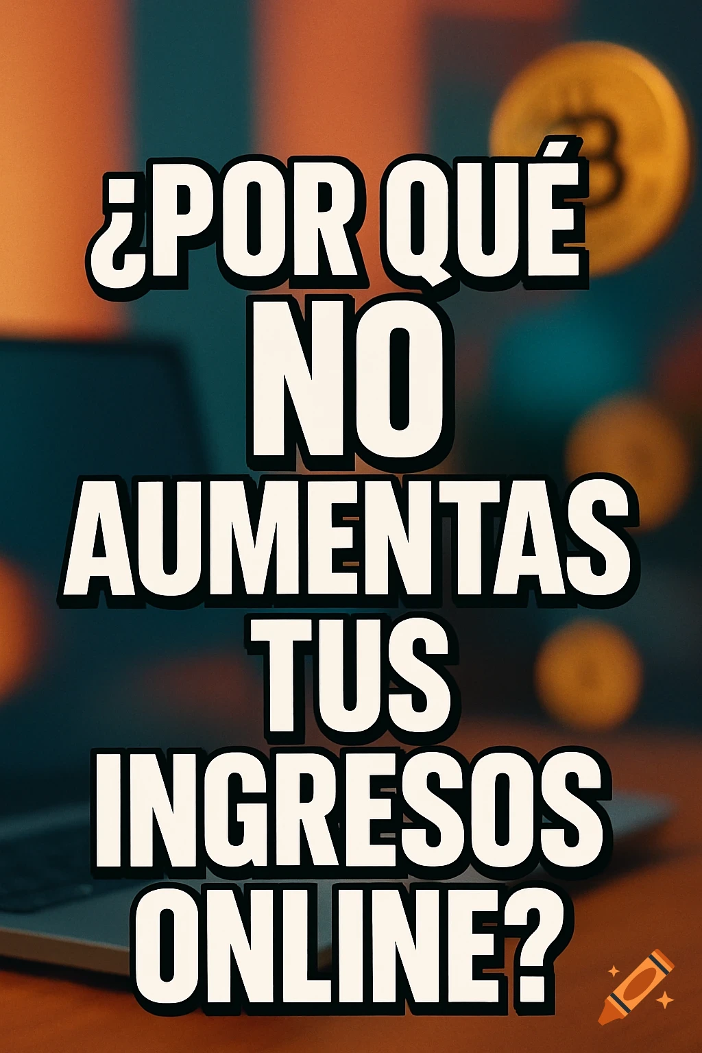 White text " AUMEN TUS ONLINE " over a blurred background with a laptop and a Bitcoin coin.