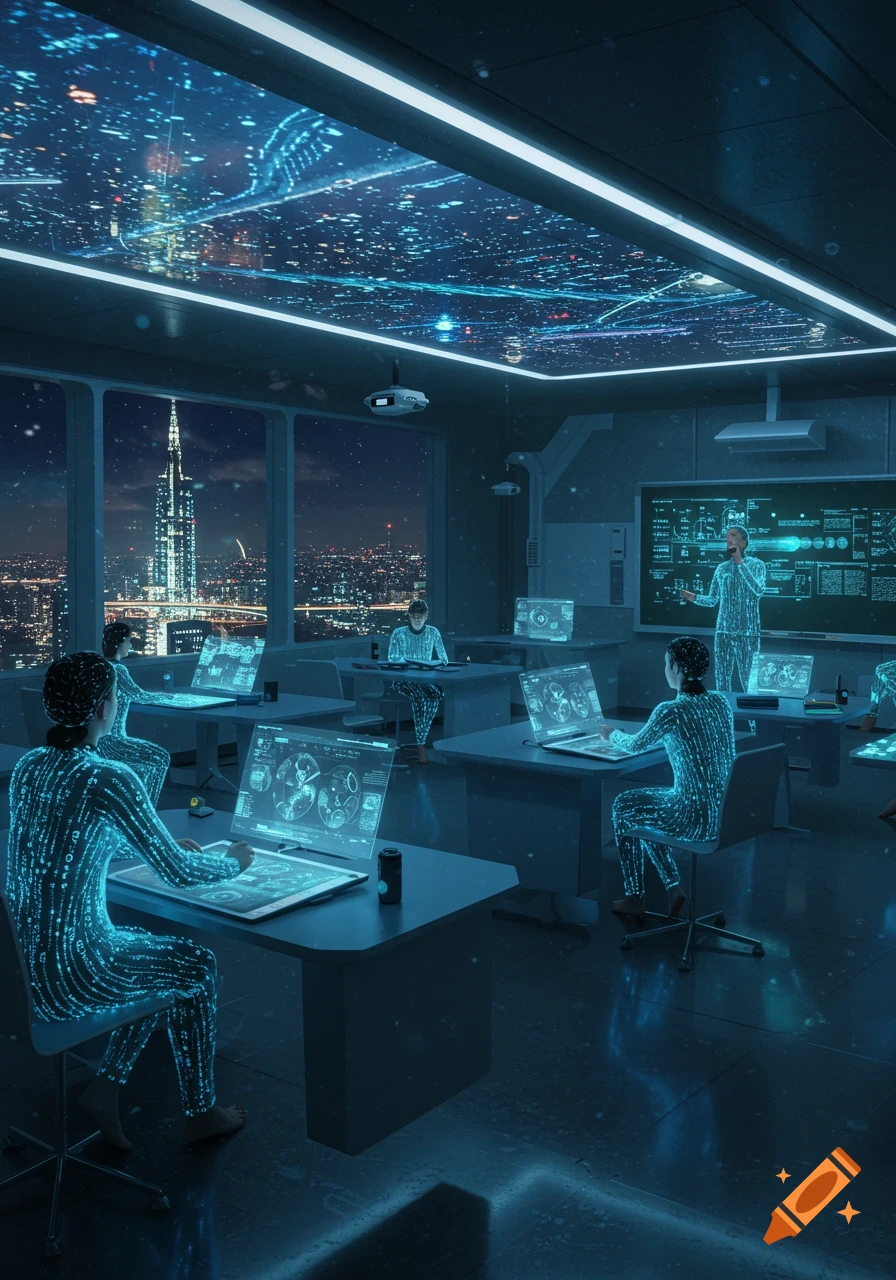 A group of people covered in glowing data patterns work on transparent screens in a futuristic classroom overlooking a city at night.